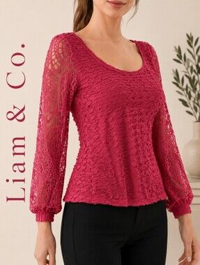 Liam & Co. Feminine Pink Romantic Lace Textured Long Sleeve